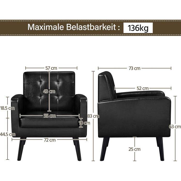 Крісло-мішок Yaheetech з підлокітниками, чорне, з поліуретану, до 136 кг