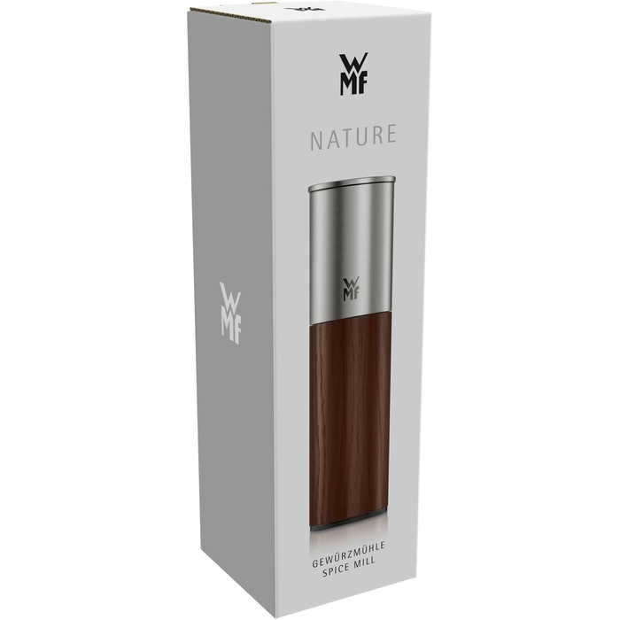 Мельниця для спецій WMF Nature Pro – соляна та перечна мельниця з керамічним механізмом, регульованим ступенем помелу, легко заповнюється, кришкою для захисту аромату, довговічний нержавіючий сталь та дерево, ручна (темно-коричнева)
