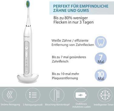 Електрична зубна щітка Lächen Sonic з 4 насадками, таймером, 3 режимами та 3 рівнями вібрації, у чохлі для подорожей (A-weiß)