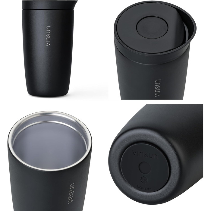 Термокружка VINSUN 350 мл, не протікає, з нержавіючої сталі, для гарячих та холодних напоїв, з Quick Press кришкою, для авто, університету (Чорний)