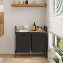 STEELSØN Rigil Кошик для білизни з 2 відділеннями – з полицею з бамбука – 2x 45 л – чорний металевий сортер для білизни – знімні мішки для білизни – контейнер для брудної білизни 2 відділення