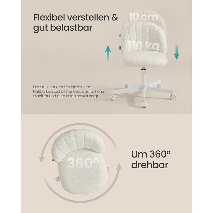 Крісло SONGMICS для дому та офісу, крісло для макіяжу з флісу, регульоване по висоті, для робочого кабінету, спальні, гардеробної, кремово-біле, OBG027WD01