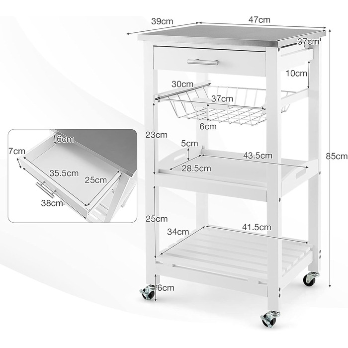 Кухонний візок COSTWAY на колесах, стільниця з нержавіючої сталі, ящик, кошик, сільський стиль, 47x39x85см