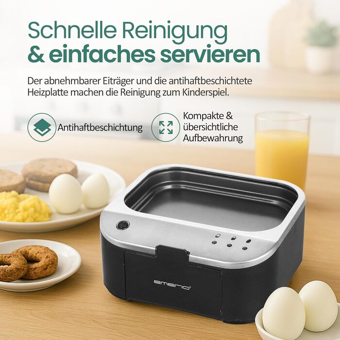 Електричний яйцеварка Emerio SIEGER: 3 ступені нагріву, голосове сповіщення, BPA Free, EB-123177.1, чорний/сріблястий