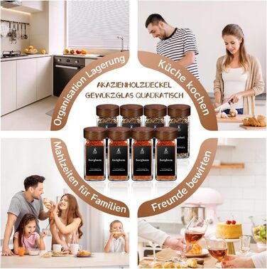 Набір скляних баночок для спецій з кришками з акації | 24 шт. | 120 мл | Організатор для спецій | Скляні контейнери для спецій з етикетками