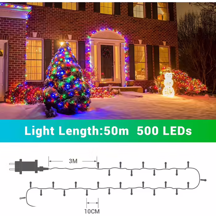Гірлянда GlobaLink 50 м, 500 LED для вулиці, теплий білий і різнокольоровий, 11 режимів, з пультом і таймером, диммована, 4 в 1 для новорічної ялинки та декору