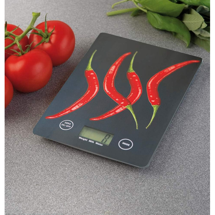 Кухонні ваги WENKO Slim Pepperoni - електронні цифрові ваги з сенсорною клавіатурою та функцією тари, загартоване скло, 14 x 1,2 x 19,5 см, багатобарвні