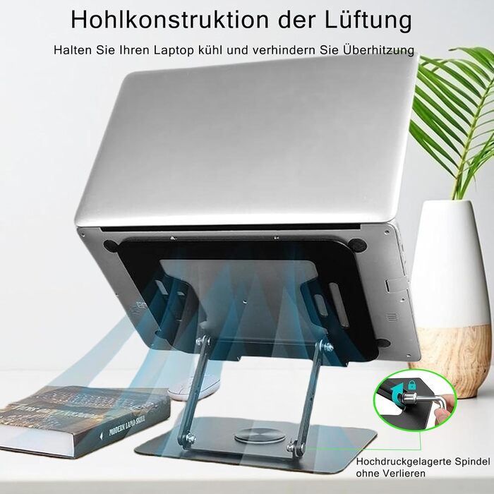 Підставка для ноутбука з регулюванням висоти та поворотним підставою 360°, ергономічна, вентильована, чорна (10-17 дюймів)