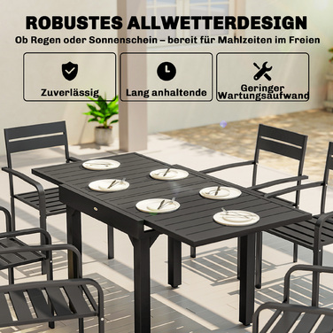 Розсувний садовий стіл 80/160 x 80 см, алюмінієвий обідній стіл на 4-6 осіб, прямокутний зі спинчастим верхом
