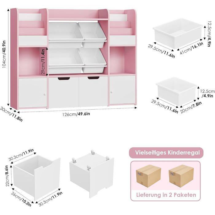 FOREHILL Дитяча полиця для іграшок та книг, стелаж для дитячої кімнати з 4 ящиками, рожевий (126x30x104 см)