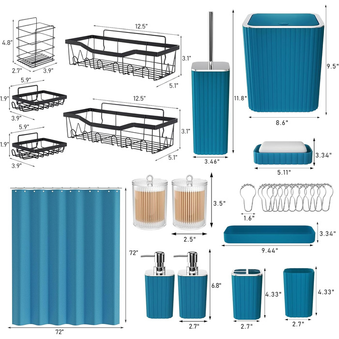 Набір аксесуарів для ванної кімнати, 25 предметів, салатово-зелений колір. Включає душову завісу, килимки, відро для сміття та дозатор для мила.