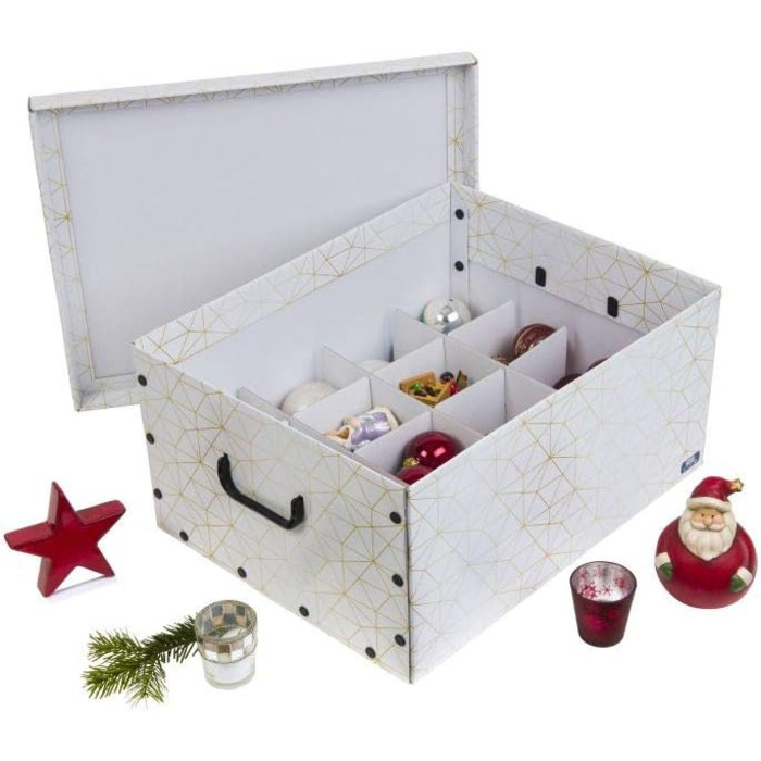 Декоративна коробка для прикрас XXL (3 шт.) білий/золотий - містка та якісна. Для зберігання до 40 ялинкових прикрас. Зручна коробка з міцного картону з пластиковими ручками.