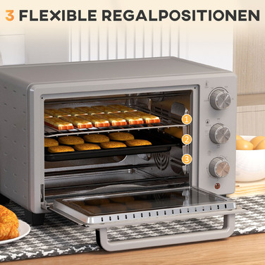 Міні-піч HOMCOM об'ємом 21 л, з регулюванням температури від 100°C до 230°C, таймером на 1 годину, 3 режимами приготування, решіткою, декою, нержавіючою сталлю, розмірами 46 x 38,5 x 29 см, срібна | Aosom