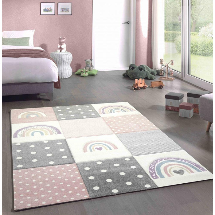 Дитячий килим Дитячий килимок Ігровий килимок Серця Райдужні точки Дизайн Кремовий Рожевий Сірий Розмір 200 х 290 см