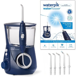 Waterpik Ultra Professional: Іригатор для ротової порожнини, тестування 2025, технологія Precision Pulse, сертифікат TÜV, видаляє до 99,9% нальоту, 6 насадок, 10 режимів, таймер, блакитний