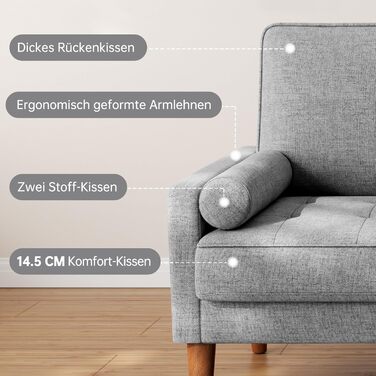 Диван Vesgantti 2-місний, 121 см, сучасний дизайн, 2 подушки, сірий льон для вітальні/квартири/офісу