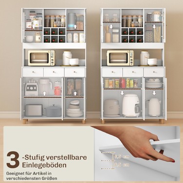 Кухонна шафа 180 см, 2 скляні дверцята, 3 висувні ящики, 4 регульовані полиці, шафа для їдальні, ДСП, білий