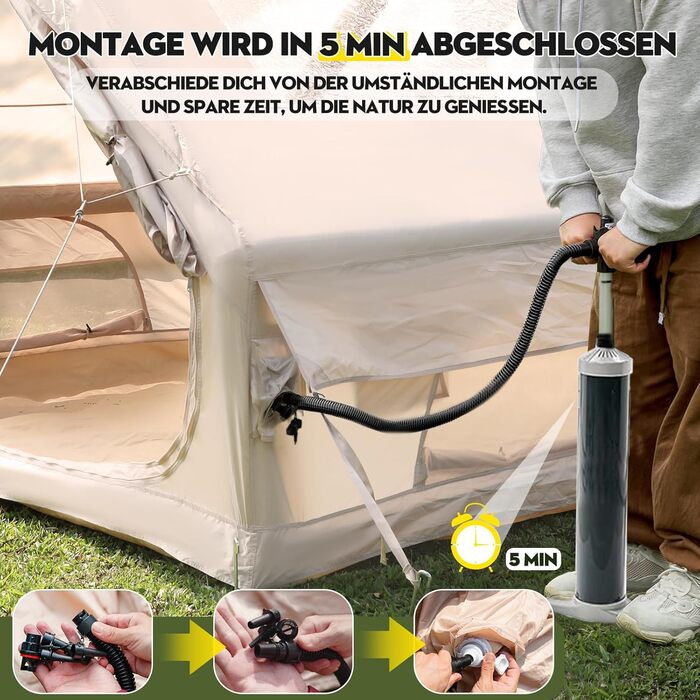 Надувний кемпінговий намет з димоходом та вікном, для 2-10 осіб з насосом, з водонепроникної тканини Oxford, швидке встановлення (4-8 осіб, велике вікно)