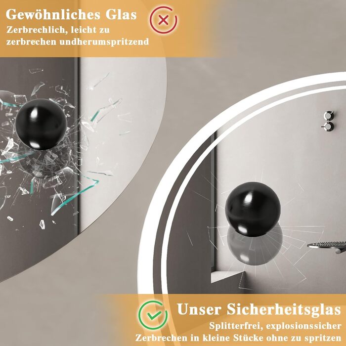 LED дзеркало для ванної кімнати з підсвічуванням 40x60 см - проти запотівання, 3 кольори, регулювання яскравості, подвійний сенсорний вимикач, пам'ять вимкнення, для ванної/туалету - горизонтальний/вертикальний монтаж