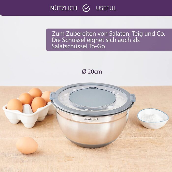 Миска Mastrad з нержавіючої сталі з прозорим кришкою та ручками - 3L, для змішування, випічки, приготування та зберігання продуктів, придатна для миття в посудомийній машині