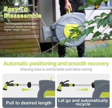 DEWINNER Тромбель для садового шланга 20+2 м, автоматичний, настінний, з ручною пістолетом, 7 функцій, для великих садів