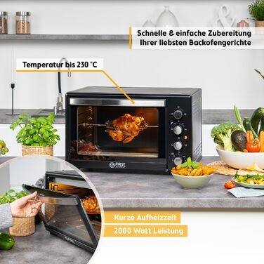 Міні-піч TZS First Austria 45L з грилем, таймером та регулюванням температури до 230°C. Антипригарне покриття, 4 рівня, включає деко, решітку та вертілку.