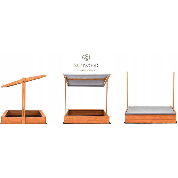 Пісочниця з дахом та сонцезахистом UV 100+, сіра, 100x100 см, з флісовою підкладкою, дерево