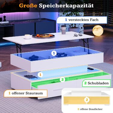 Журнальний столик Merax з регулюванням висоти зі світлодіодом, 2 ящики, для зберігання, білий (100x50x44 см)