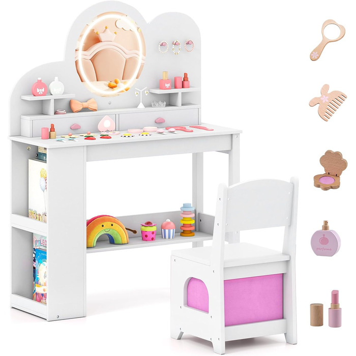 Дитячий туалетний столик COSTWAY у формі ведмедика з підсвіткою, дзеркалом, шафкою та 5 ящиками. Зроблений з дерева, ідеальний для дівчаток від 3 років. Косметичний столик-набір принцеси у формі хмари, білий колір.