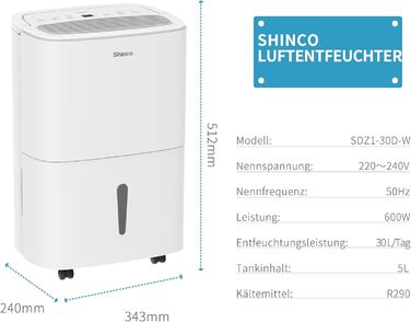 SHINCO 30L Електричний Зволожувач Повітря з Wi-Fi, для 105 м³, Автоматичний перезапуск, Таймер 24h, Фільтр Активне Вугілля, Безперервний Відлив SDZ1-30D