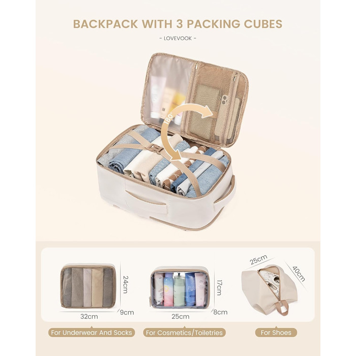 LOVEVOOK Рюкзак для ручної поклажі, 40L, для подорожей, чоловічий/жіночий, для ноутбука 17 дюймів, водонепроникний, рюкзак-валіза, для вихідних, роботи, відпустки, бежевий (бежевий+хакі)