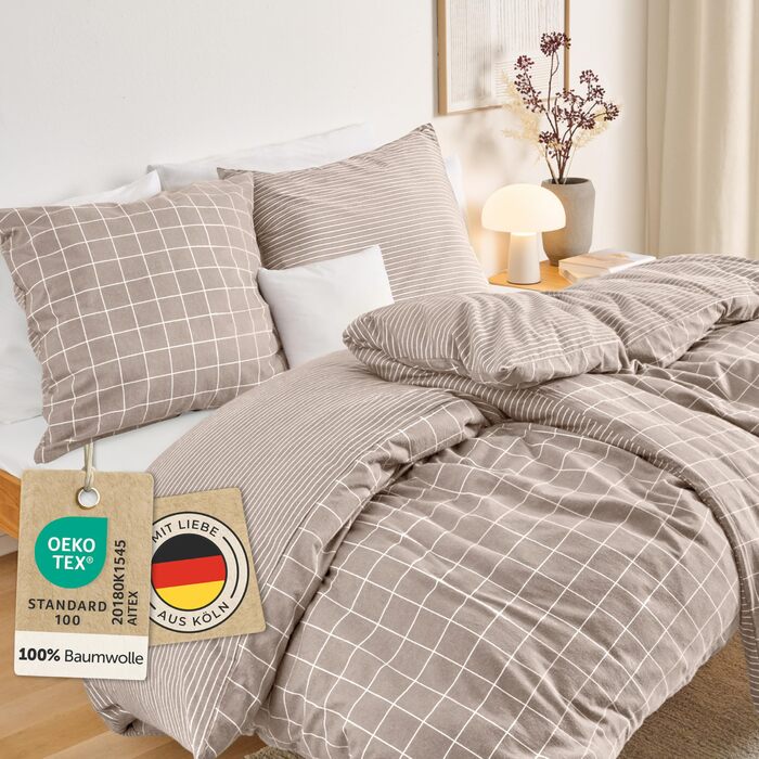 Комплект постільної білизни Blumtal Biber 200x200 + 2x 80x80 см, бавовна, фланель, Oeko-Tex, теплий, зимовий, двосторонній, тауп