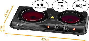 Перша інфрачервона керамічна плита TZS Austria Double ВСІ види горщиків Подвійна конфорка 19см / 16,5см Варильна поверхня для переїзду, кемпінгу, дачного будинку - швидкий нагрів і плавне регулювання подвійний Чорний