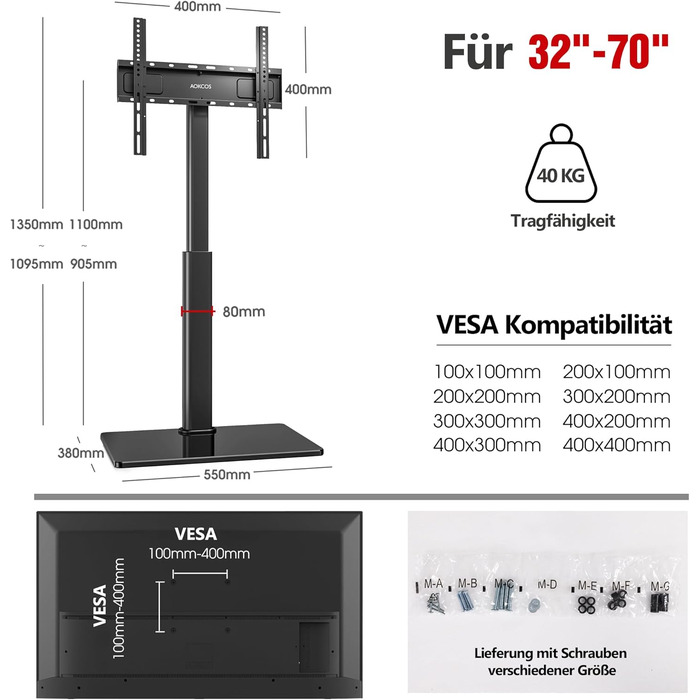 Тумба під телевізор AOKCOS 32-70 дюймів, з можливістю нахилу та регулюванням висоти, макс VESA 400x400 мм, 40 кг, чорний