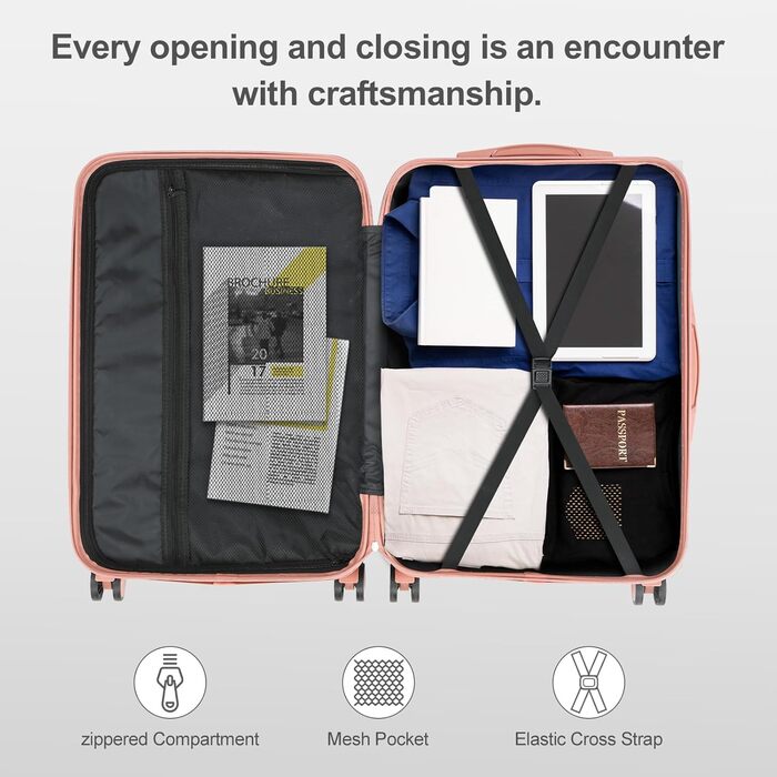 Набір валіз LALAHO 2 шт. з косметичкою, сірий, ABS, телескопічний ручка, ручна поклажа, захист кутів (Roségold-1, M (55CM))