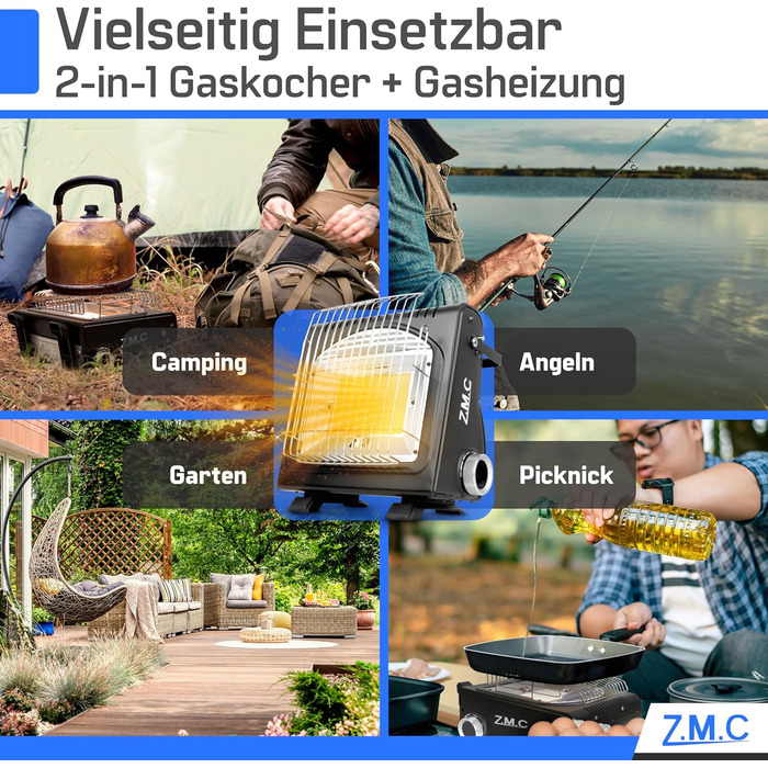 Мобільний газовий нагрівач та плита 2-в-1 Z.M.C. для кемпінгу, тераси, саду та балкону. Керамічний нагрівник 1,7 кВт з Piezo-запалюванням