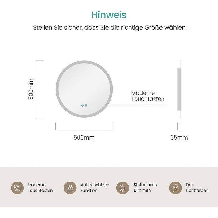 Дзеркало для ванної кімнати EMKE з підсвічуванням, 50 см, кругле, з регулюванням яскравості, 3 кольори світла, антизапарник, сенсорне управління, пам'ять налаштувань, матовий край, 50x50 см