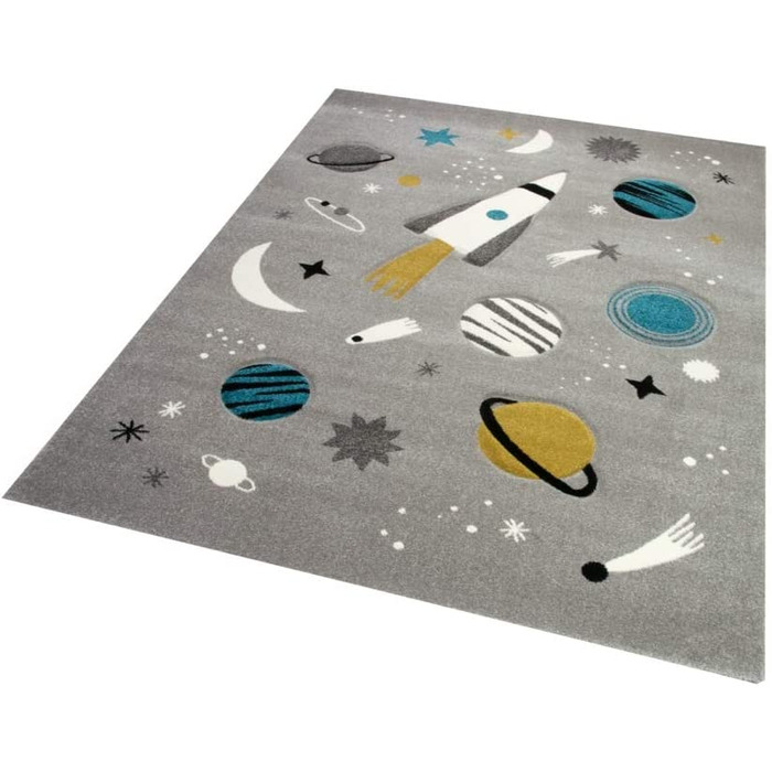 Дитячий килим Меринос килим для вивчення космосу із зображенням зірок і планет космічного корабля сірого кольору розміром 140x200 см (160x230 см)