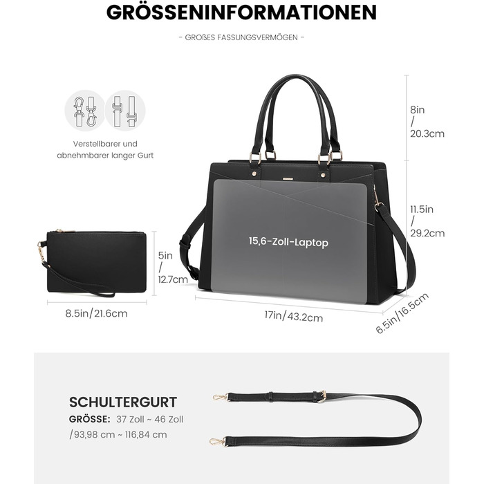 Сумка для ноутбука LOVEVOOK: жіноча сумка-шоппер, велика, для роботи, навчання, офісу, бізнесу, 15.6 дюймів, чорна