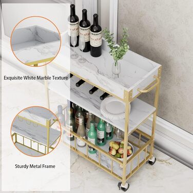 Сервізний візок Huhote з полицею для вина, барний візок, візок для напоїв, візок на колесах, візок для вина в їдальню, кухню, вітальню, бар, вечірку, з імітацією текстури дерева (золотий, корзина без заліза)