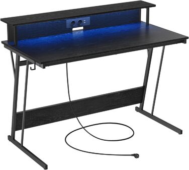 Ігровий стіл зі світлодіодним підсвічуванням, Письмовий стіл з вбудованим подовжувачем, Комп'ютерний стіл, Підставка для монітора на 2 монітори, Спальня, 60 x 120 x 76 см, Класичний чорний LWD192B56