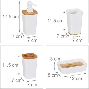 Набір для ванної кімнати Relaxdays, 4 предмети, сучасний, пластик та бамбук, білий, 17,5 x 7 x 7 см