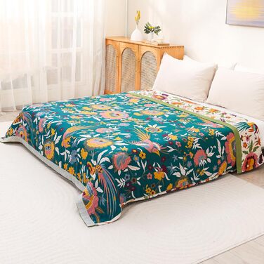 Плед Boho з 100% бавовни, стиль кантрі, 150x200 см, гранатовий колір. Плед на диван та ліжко з квітковим візерунком (квіти, птахи)