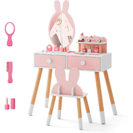 Дитячий туалетний столик COSTWAY з дизайном зайчика, 2-в-1 з дзеркалом, 2 шухляди та полиця, комплект для макіяжу з масивними дерев'яними ніжками для дівчаток (Рожевий)