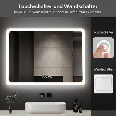 Дзеркало для ванної кімнати з підсвічуванням та годинником Boromal, 80x60 см, диммування, 3 кольори світла (3000-6500K), 2940LM