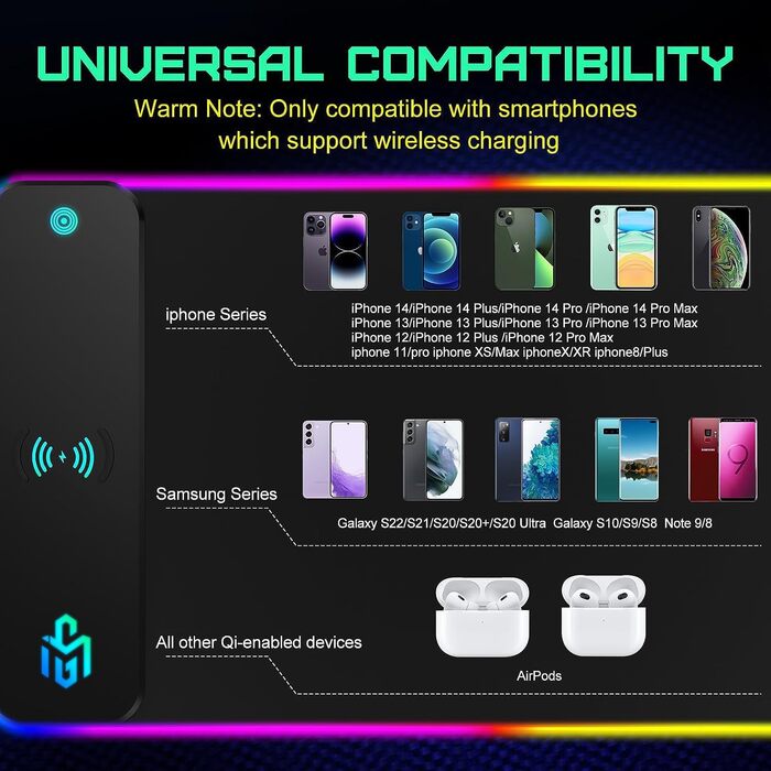 Ігрова мишка pad RGB з LED підсвічуванням та бездротовою зарядкою Qi 15W, чорний. Підходить для геймінгу, офісу та дому. Вологостійкий, з антиковзаючою поверхнею.