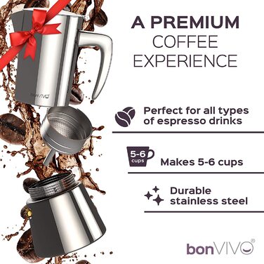Підходить для приготування еспресо bonVIVO Intenca Індукційна кавоварка-кавоварка з нержавіючої сталі з матовим покриттям. Чайник, ситечко-мокко 6 чашок, 300 мл (мідь, 2 чашки-100 мл)