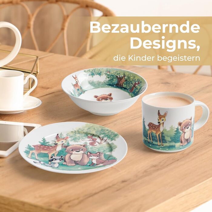 MIAMIO Набір дитячого посуду 3 шт. з порцеляни (тарілка, миска, чашка) - для дітей та малюків (ліс)