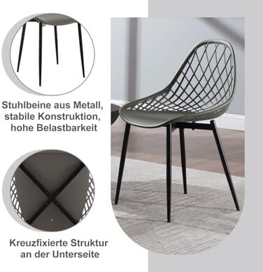 Стільці для їдальні та кухні з порожнистою спинкою, стільці для вітальні з металевими ніжками, пластикові стільці для кухні, вітальні, балкону, скандинавський сучасний стиль, білий колір, K0018EZS-4 (сірий, набір 8 шт.)