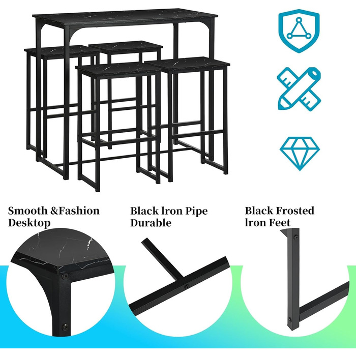 Набір барних столів ZZINOKE Стіл 1005090 см & 4 табуретки 304065 см, Індустріальний стиль, Чорний